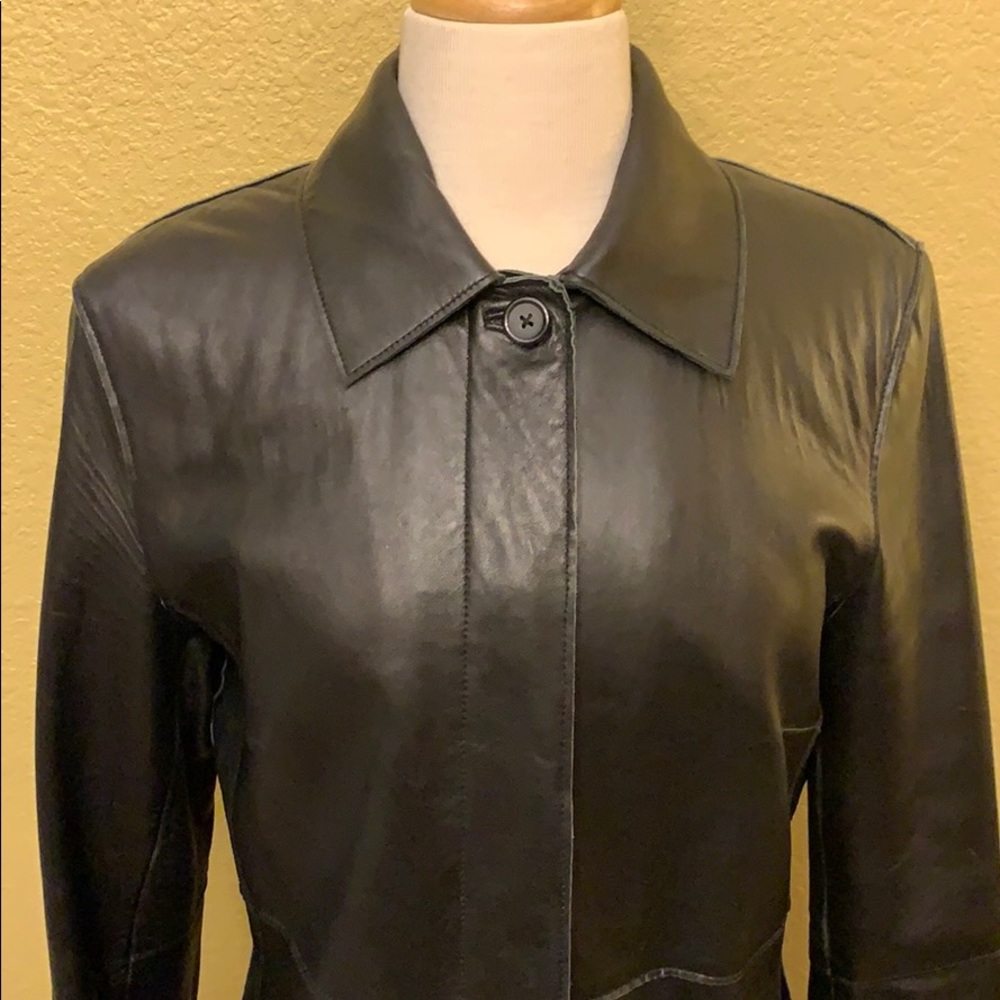 EXPRESS Black Leather Long Jacket Coat 9/10 - Picture 3 of 8